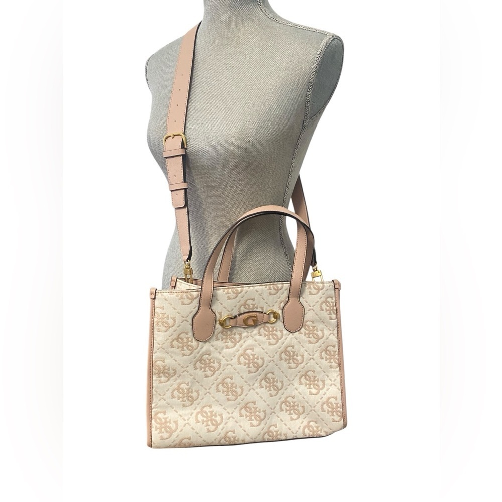 Guess Cream and Tan Fabric Structured Shoulder Tote Bag with Jacquard Pattern